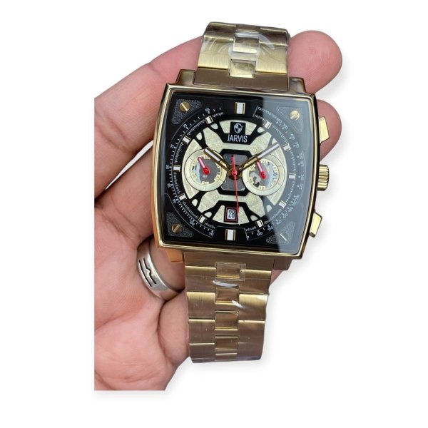 JARVIS Royal Gold Obsidian Chronograph Square Dial Watch For Men
