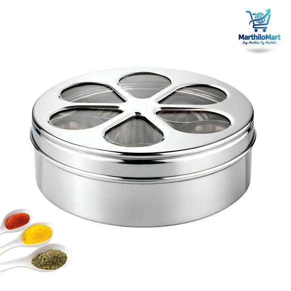 Lotus Stainless Steel Masala Dabba | Spice Box With 7 Container | See-Through Lid